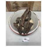 Large enamel bowl with vintage tools