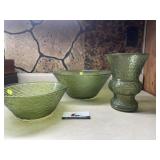 MCM green glass bowls and vase