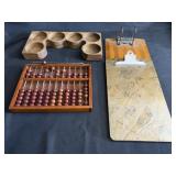 Wooden abacus, cash drawer insert, & clipboards
