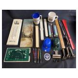 Slide rulers, vintage printer stylus,