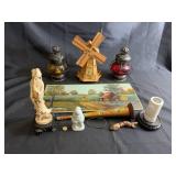 Vintage oil lamps, wooden windmill coin bank, &
