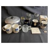 Vintage aluminum cake saver, mugs, & assorted