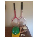 Vintage rackets. A's helmet and glove