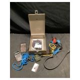 Metal bank box with elastic straps approximately