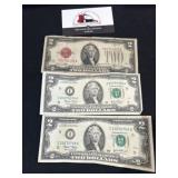 Group of 3 $2 Bills 1928-G to 2003