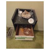 Wooden end table and assorted collectibles