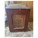 Vintage wooden Lion Coffee bin