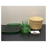 Basketball and green glassware