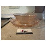 Pink depression glass platter and bowl
