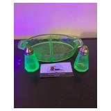 Uranium glass salt and pepper shakers and dish