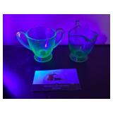 Uranium glass sugar dish and creamer