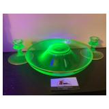 Uranium glass serving dish and candle holders