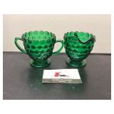 Vintage green glass sugar dish and creamer