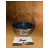 Blue divided dish in metal carrier