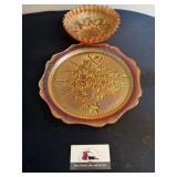 Marigold, Carnival glass platter and bowl