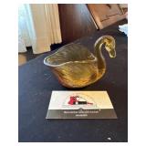 Amber pressed glass swan dish