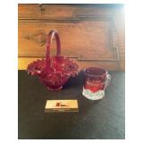 Red glass  ruffle edge basket and mug