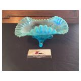 Blue glass ruffle top footed dish