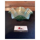 Green carnival glass dish