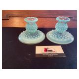 Blue hobnail candle holders