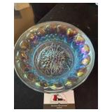 Blue iridescent carnival glass bowl
