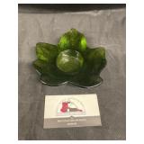 Green glass leaf candle holder