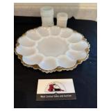 Milk glass egg plate and jars