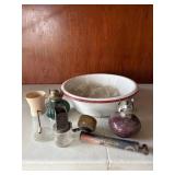 Oil lamps, choppers, enamel pan