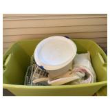 Tote of misc kitchen