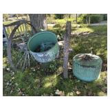 Steel wheel Yard Decor and two washer drums