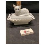 West Moreland cat on Lacey base milk glass