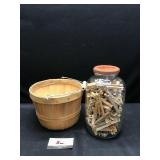 Vintage Jar w/Clothes Pins & Basket w/ Pins