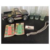 Nylint truck, Coca-cola glasses, dice, and a