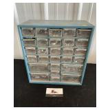 Metal parts bin with miscellaneous hardware