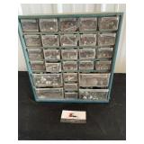 Metal parts bin with miscellaneous hardware