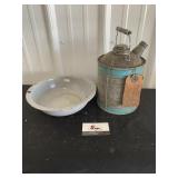 Metal oil can and tin bowl