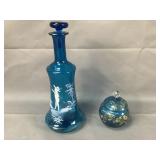 Mary Gregory Hand Blown Decanter and Blue Jar