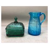 Blue Glass Pitcher & Green Covered Dish