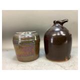 Iridescent Glazed Crock & Brown Jug