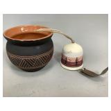 Pottery Bell and Red Ware Pottery Bowl