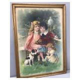German Lithograph of Children in the Garden