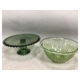 Green Glass Cake Stand and Uranium Glass Bowl