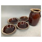 Brown Drip Pitcher and Four Bowls