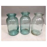 Three Vintage Blue Glass Canning Jars