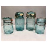 Four Antique Lustre Blue Glass Canning Jars