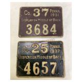Two Antique Metal Penna. Hunting Licenses