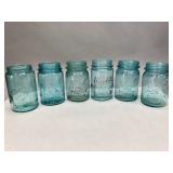 Six Blue Glass Pint Canning Jars