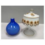 Sunflower Compote and Blue Glass Vase