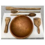 Vintage Wooden Bowl & Assorted Utensils