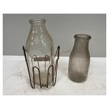 Clear Glass Milk Bottles & One Carrier